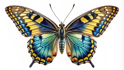 Fototapeta premium Vibrant old world swallowtail butterfly with iridescent blue sheen and delicate yellow markings perches on transparent background, showcasing intricate details of its wings and body.