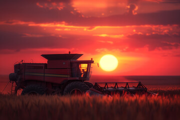 Fototapeta premium Dusk Harvest: Orange Combine in Action on the Field