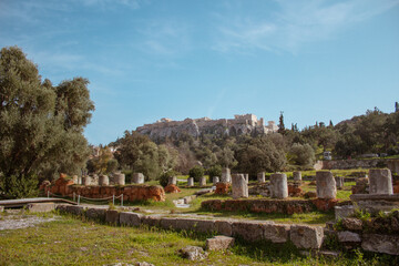 view from agora of acropolis and parthenon athens greece sunny dat blue sky