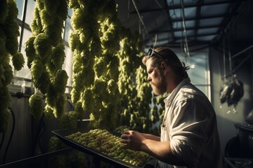 Brewmaster inspecting hops, natural daylight, medium shot, artisanal brewery setting.