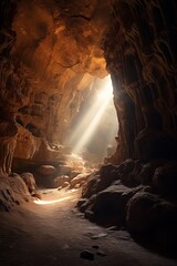 Fototapeta premium Cave with rugged walls, exit illuminated, gentle light, medium shot, tranquil underground setting.