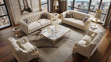 Overhead view of a luxurious living room with an ivory sofa set and elegant armchairs. A marble coffee table anchors the space on a hardwood floor, accented with modern art pieces and designer lamps. 