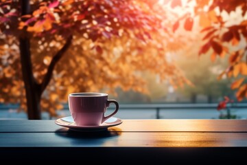 Coffee cup on a park bench, colorful autumn leaves around, soft sunlight filtering through trees, medium shot, serene and tranquil setting, peaceful street view.