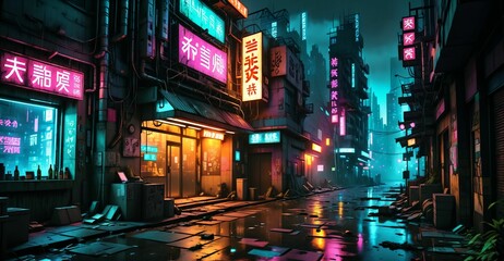 Obraz premium cyberpunk futuristic dystopian city street strip with shops, stores, and markets in urban downtown plaza. sci-fi civilization narrow market district.