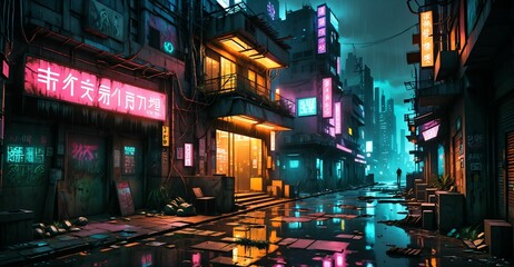 Naklejka premium cyberpunk futuristic dystopian city street strip with shops, stores, and markets in urban downtown plaza. sci-fi civilization narrow market district.