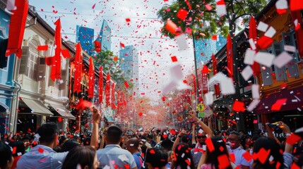Fototapeta premium A vibrant street scene explodes with red and white confetti as a diverse crowd celebrates Singapore National Day.