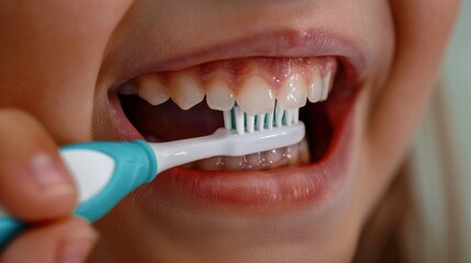 Fototapeta premium Cute little girl brushing his teeth with plastic toothbrush, Closeup.