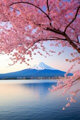 Sakura tree laden with blossoms, Mt. Fuji under clear sky, soft sunset light, medium shot