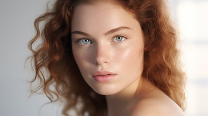 Naklejka premium Young woman with radiant skin, soft lighting, close-up, pure white background.