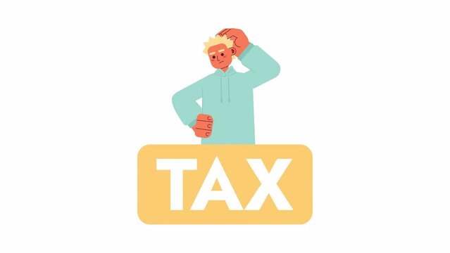 Puzzled taxpayer over self-employment tax 2D character animation. Finance difficulty flat color cartoon 4K video, alpha channel. Blond man confused scratching head animated person on white background