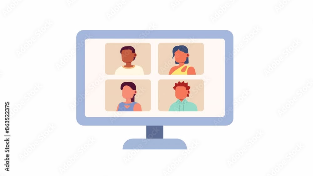 Poster videoconference meeting computer screen 2d object animation. video call with remote employees team f