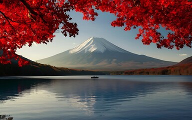 Colorful Autumn Season and Mountain Fuji with morning fog and red leaves at lake Kawaguchiko is one of the best places in Japan