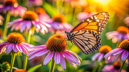 Delicate, intricately patterned monarch butterfly perches on a vibrant, purple coneflower, surrounded by lush green foliage, basking in warm, soft sunlight.
