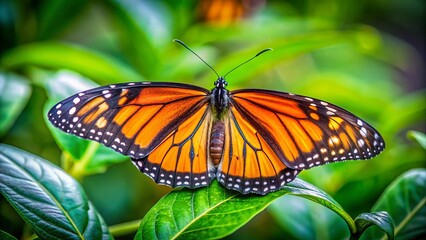 Fototapeta premium A delicate monarch butterfly with intricately patterned orange and black wings rests on a lush green leaf, surrounded by soft, blurred foliage.