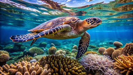 Magnificent hawksbill turtle swims leisurely amidst vibrant coral reef, showcasing its grandeur in crystal-clear waters at aka island, okinawa, japan on april 29, 2021.