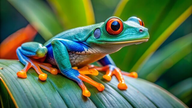 Vibrant orange-eyed blue-sided leaf frog perches on a lush green leaf, showcasing its vibrant turquoise blue and yellow skin, set against a blurred natural background.