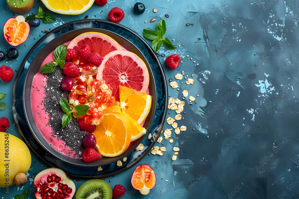 Wall mural From a Top View, a Bowl or Plate Filled With a Blend of Healthy Fresh Tropical Fruit Salad, Mixed Berries, and Nuts Serves as a Perfect Snack for a Diet and Fitness Concept