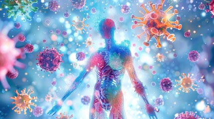 Obraz premium A person surrounded by colorful immune system cells, representing the potential for sun exposure to enhance the immune system's function.