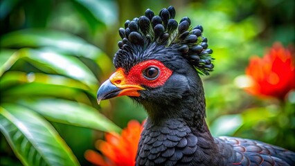 Vibrant close-up portrait of endangered red-billed curassow, crax blumenbachii, showcasing distinctive red knob on forehead amidst lush tropical atlantic forest foliage in brazil.