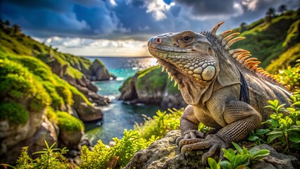 Fototapeta premium Majestic endangered caribbean iguana in its natural habitat, surrounded by lush green vegetation, basking in warm sunlight, with ancient rock formations in the background.