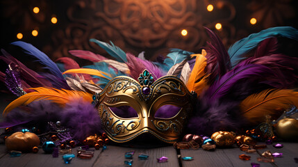 Colorful carnival mask with feathers and decorations, perfect for a festive celebration.
