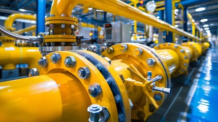 Yellow pipelines and valves in an advanced factory, emphasizing the engineering and installation in a modern business facility