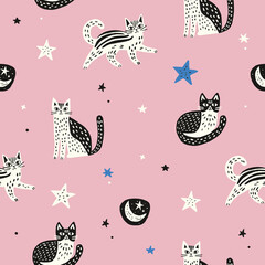 Seamless pattern swatch with cats and stars in pink background.