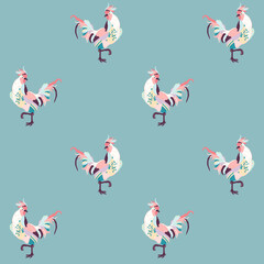 Obraz premium Seamless pattern swatch with chicken roosters on a blue background.