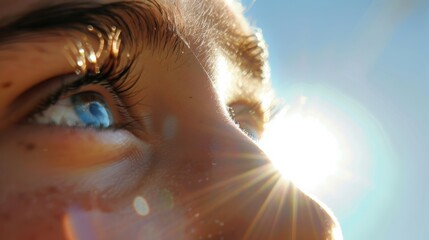 A close-up shot of a person squinting in the sun, emphasizing the strain UV rays put on the eyes.