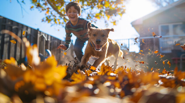 Boy Running with Dog Through Fallen Leaves