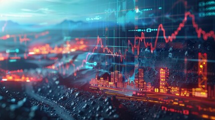 Fototapeta premium Double exposure image depicting mining combined with financial charts and data overlays