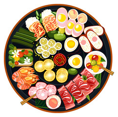 The image depicts a vibrant assortment of sushi, sashimi, and egg rolls, all neatly arranged on a circular plate with transparent background.