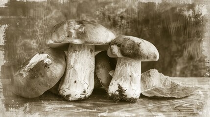Cep porcini boletus variety in black and white with artistic flair on sepia backdrop cooking concept retro vintage
