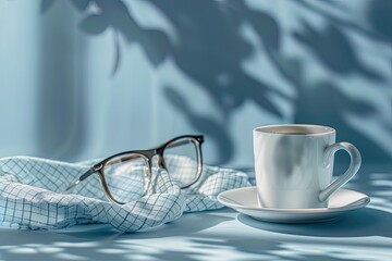Coffee Mug with Gifts and Glasses on Blue Background