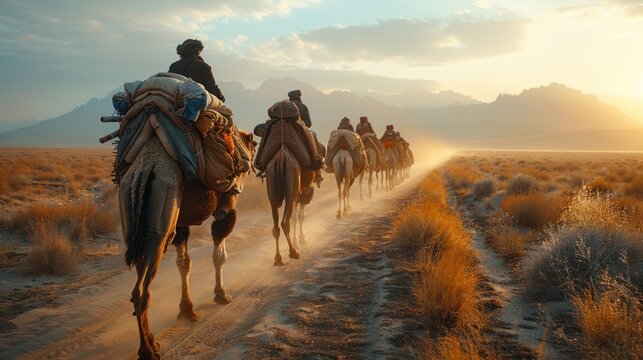 Caravans traverse the Silk Road, their camels laden with goods from distant lands, forging connections and trading stories along the ancient trade route.