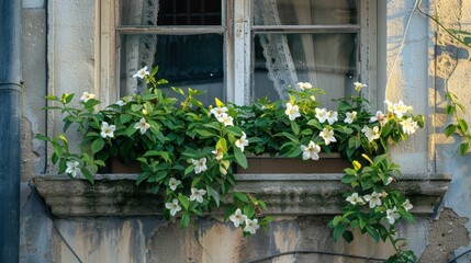 A window box overflowing with jasmine vines in a bustling city, offering a touch of tranquility amidst the concrete jungle