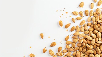 Almonds scattered on a white background viewed from the front