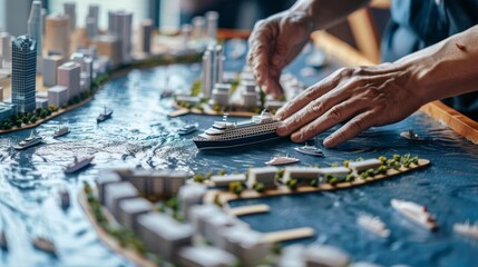 Obraz premium Urban Waterways Miniature Ferry Sailing into the Heart of the Cityscape
