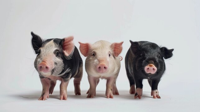 Studio photo of Gottingen minipigs on white backdrop