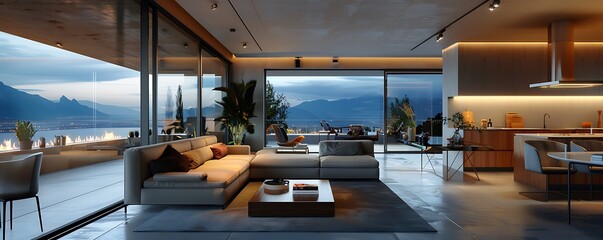 Fototapeta premium Stylish open living room and kitchen in a luxury home, featuring high-end finishes, minimalist design, and a balcony offering a beautiful view.