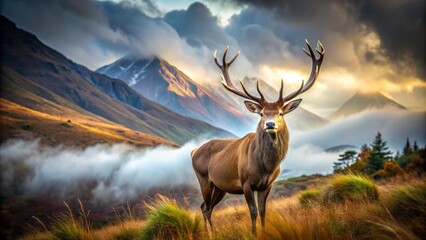 Majestic stag with impressive antlers stands regally amidst misty, rugged, and atmospheric scottish highlands landscape with majestic mountains in the background.