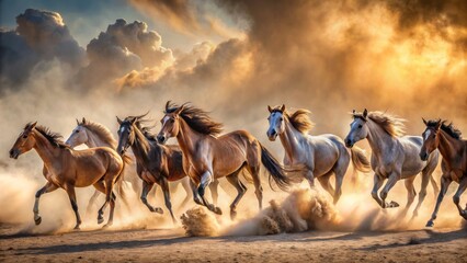 A frenzied herd of horses gallops wildly through a swirling sandstorm, manes and tails streaming, as a massive dust cloud engulfs the arid landscape.