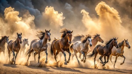 A frenzied herd of horses gallops wildly through a swirling sandstorm, manes and tails streaming, as a massive dust cloud engulfs the arid landscape.