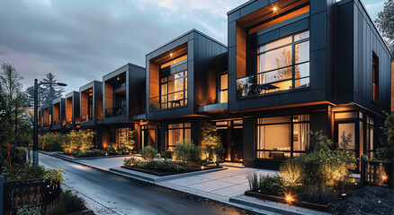 Modern Black Townhouses with Wooden Accents and Warm Night Lights