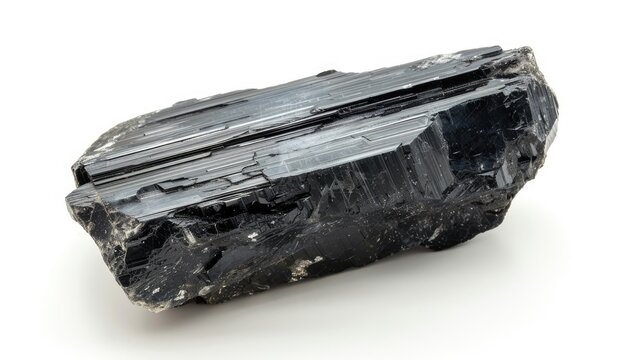 Natural uncut black kyanite rock sample placed against a white backdrop