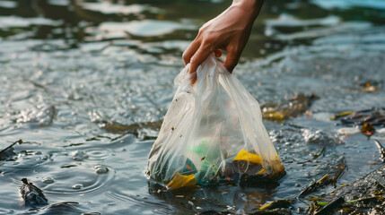 Close-up of a hand is collecting trash and plastic bag from a natural water. Water pollution background for a presentation or an advertisement.