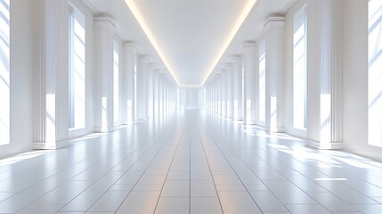 Empty corridor with columns and sunlight passing through windows