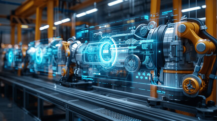 Fototapeta premium Smart factory with 3D rendering of digital twin technology, robotic arms, futuristic automation, blue holographic data screens, advanced machinery, Industry 4.0, engineering, interconnected systems