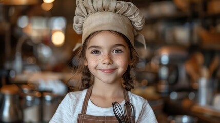 A cute little cook is smiling and holding an egg beater on the blurry kitchen floor. Copy space for text