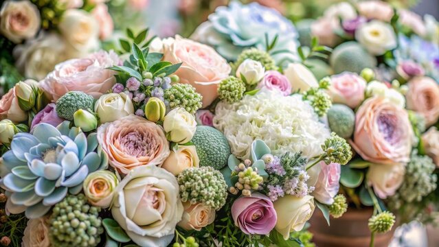 Delicate pastel-hued flowers including peonies, roses, echeveria, white hydrangea, ranunculus, anemone, eucalyptus, and juniper arranged in elegant bouquets surrounded by lush greenery.